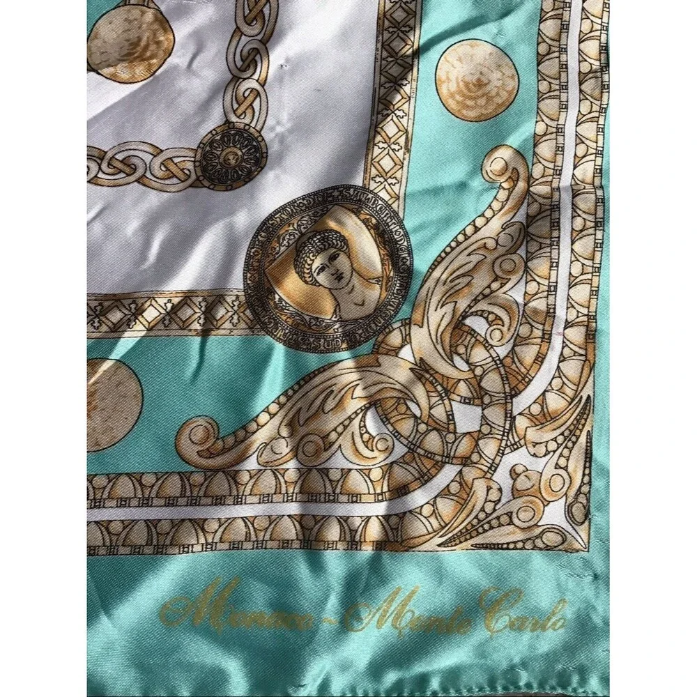 Vintage Monaco-Monte Carlo Teal Blue Gold Baroque Square Scarf Made in Italy